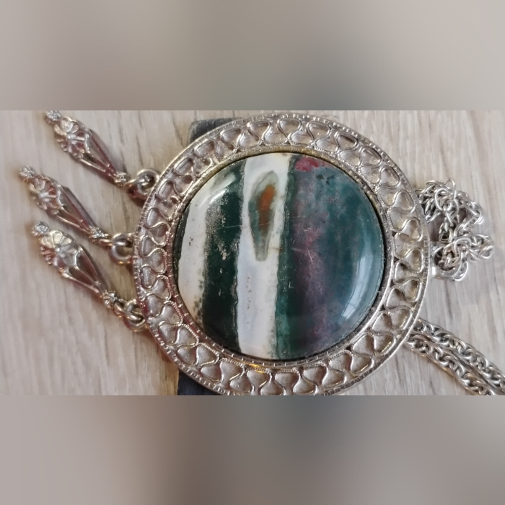 Vintage 15.5" Bloodstone Necklace & Pendant GemstoneSilver Plated Large - Picture 4 of 15